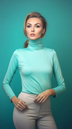 Self confident serious calm middle aged experienced blonde woman stands with arms folded dressed in casual turtleneck shows professional vibe stands in assertive pose aga : Generative AIの素材