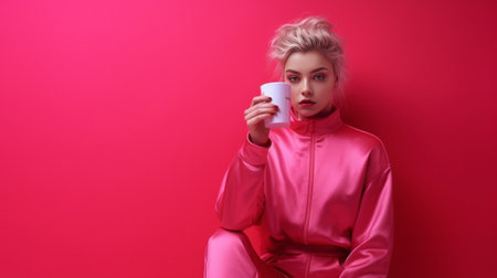 Studio shot of pleased young woman laughs positively drinks takeaway coffee has break after lectures dressed in red clothes isolated over pink background with copy space  : Generative AIの素材