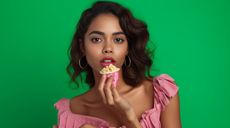 Portrait of happy ethnic woman wears green facial mask smiles toothily holds lollipop makes curly hairstyle with rollers wears casual domestic clothes isolated on pink ba : Generative AIの素材