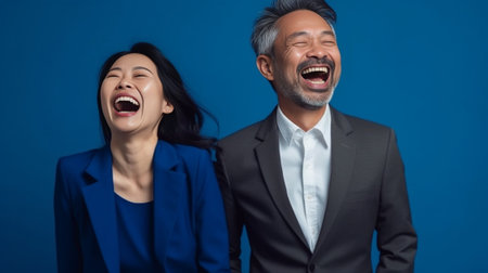 Waist up shot of cheerful ethnic coworkers stand next to each other smile happily rejoice finishing project work have white perfect teeth dressed in casual clothes isolat : Generative AIの素材