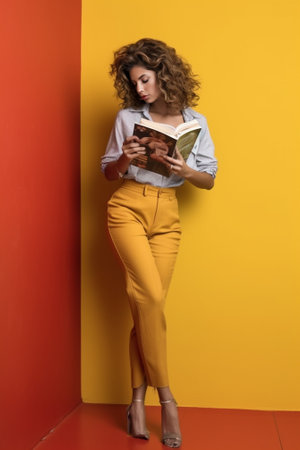 Vertical shot of pensive dreamy girl tries to make decision keeps index fingers opposite each other wears sleepmask and pajama poses at dekstop with paper piles stickers  : Generative AIの素材