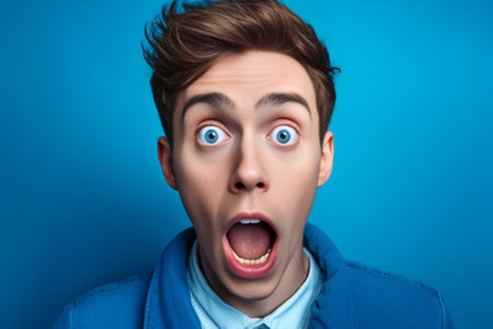 Photo of shocked blue eyed handsome guy looks with jaw dropped out at camera being horrified to see something indicates with thumb aside isolated over white concrete wall : Generative AIの素材