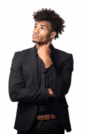 Thinking black Afro American man with serious expression looking with dark narrow eyes directly into camera while posing against white studio wall Grave businessman in sh : Generative AIの素材