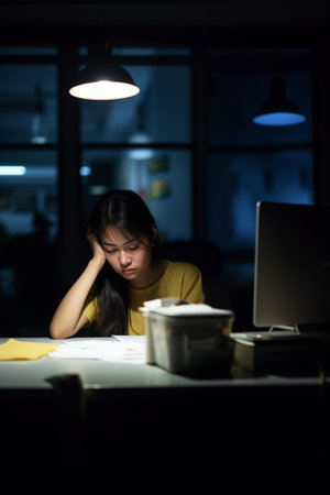 Portrait of tired sleepy businesswoman yawning working at desk in the office in front of computer Bored young female freelancer working on PC at home Overwork and sleep d : Generative AIの素材