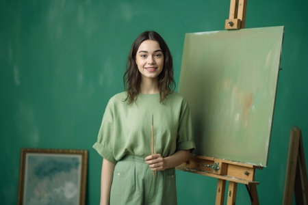 Portrait of gorgeous excited young brunette female artist in casual blouse of khaki color mixing oil paint on palette using painting knife passionate about her occupation : Generative AIの素材