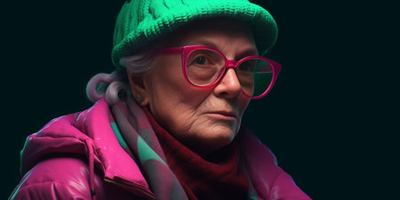 Portrait of serious thoughtful elderly woman wears massive headphones listens melancholic music enjoys lyrics song wears trendy sunglasses and warm coat concentrated down : Generative AIの素材