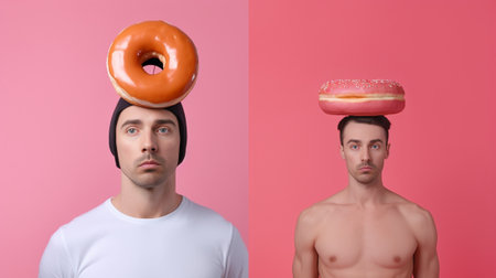 Photo of surprised bearded man prepares for sleep wears sleepmask and neck pillow gazes shocked at camera dressed casually isolated over pink background Stunned male mode : Generative AIの素材