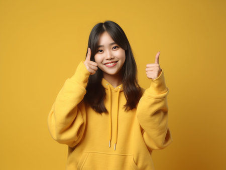 Positive brunette Asian woman points above shows place for your advertising text smiles pleasantly wears yellow jumper earrings and bracelet isolated over white backgroun : Generative AIの素材