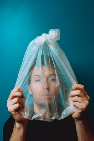 Photo of displeased red haired man with beard reproaches society of pollution carries two net bags of plastic rubbish frowns face bothered with ecological problems isolat : Generative AIの素材