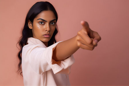 Serious angry Arabian woman holds finger on lips says quiet please asks for keeping silence wears spectacles white veil and pink jumper isolated on blue background Secret : Generative AIの素材