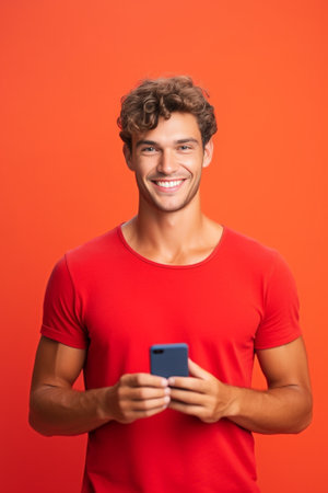 Portrait of happy unshaven guy points at smartphone screen demonstrates mockup display glad to buy new electronic device wears stylish hat and casual red t shirt models a : Generative AIの素材