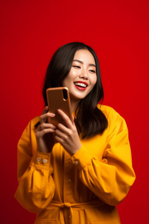 Pleased young Asian woman watches video via smartphone and headphones downloads new app listens favorite music wears shirt black trousers isolated over vivid red backgrou : Generative AIの素材