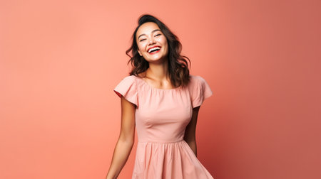 Young Caucasian female model has delighted expression friendly attitude broad smile with white teeth dressed in casual dress poses against pink studio wall People happine : Generative AIの素材