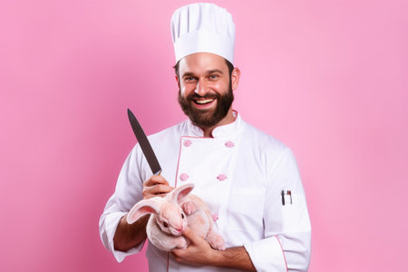 Surprised cheerful male butcher holds fresh raw piece of meat with bone has red thick beard dressed in special working uniform prepares for making sausages or minced meat : Generative AIの素材