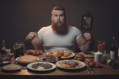 Positive bearded plump man holds plate with homemade pie enjoys eating unhealthy but delicious desserts sits at table overloaded by sweet products doesnt keep to diet wea : Generative AIの素材