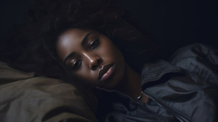 Top view of black ethnic curly young woman makes lips folded makes grimace has fun after day nap enjoys comfort in bed and restful environment poses under blanket relaxes : Generative AIの素材