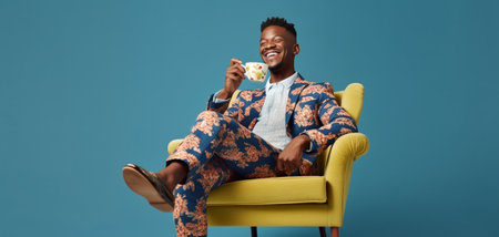 Wondered millennial guy drinks coffee while listens favorite music in headphones concentrated aside poses with potted cactus on chair spends free time at home isolated ov : Generative AIの素材