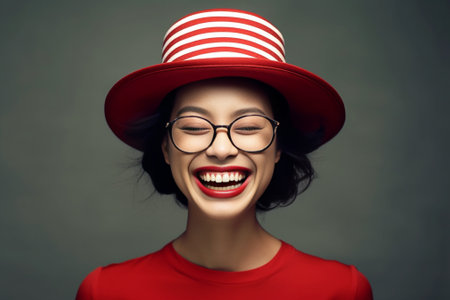 Portrait of good looking young woman smiles happily looks joyfully has friendly conversation with friend wears red hat casual striped jumper isolated over white backgroun : Generative AIの素材