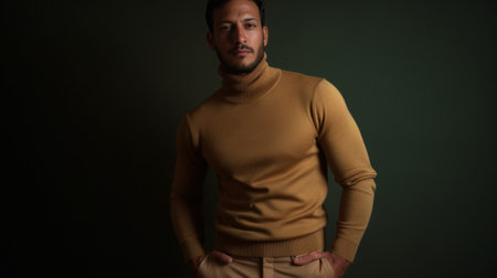 Waist up shot of shocked handsome European man stares bugged eyes at camera canot believe in astonishing news wears casual turtleneck isolated over beige background Omg w : Generative AIの素材