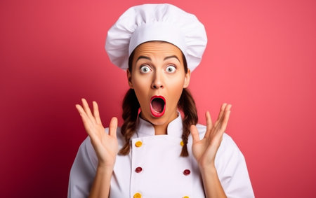 Scared emotional chef holds uncooked crayfish prepares sea cuisine healthy vegetarian food wears white uniform and rubber gloves hears bad comments from customerrs isolat : Generative AIの素材