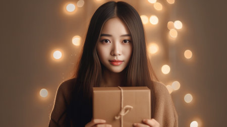 Tender pretty Asian woman holds green spruce branchess paper for decoration and retro garland wears red ha and sweater isolated over beige background Holiday preparation  : Generative AIの素材