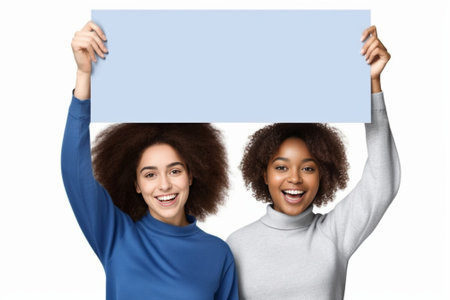 Waist up shot of overjoyed mixed race female companions keep hands near faces look joyfully feel excited by wonderful news stand closely to each other isolated over white : Generative AIの素材