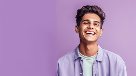 Joyous optimistic guy carries pot with indoor plant laughs happily wears striped sailor jumper going to present flower to mother isolated on violet background free space  : Generative AIの素材