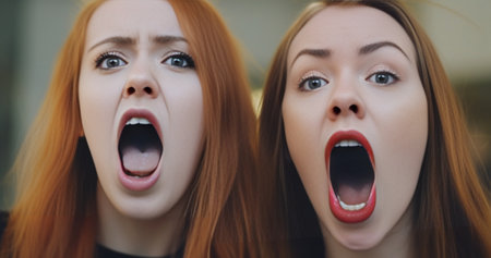Human emotions Two beautiful ginger girls wearing identical blue shirts and hairstyles looking in astonishment at camera with mouths widely opened and jaws dropped surpri : Generative AIの素材