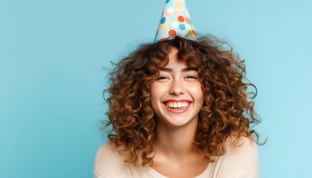Photo of serious woman with curly hair dressed in fashionable clothes enjoys party poses against blue background has pleasant conversation Pretty lady celebrates birthday : Generative AIの素材