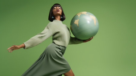 Environmental problems concept Dissatisfied dark skinned woman with displeased dejected expresses tries to remove plastic from Earth takes products for recycling isolated : Generative AIの素材