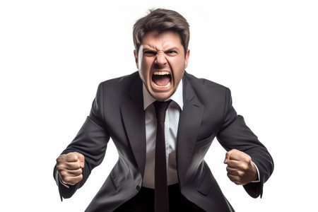 Aggressive attractive male shouts furiously being annoyed with bad service argues with director of company cant stop negative feeling isolated over white background Peopl : Generative AIの素材