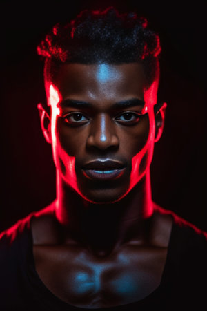 Beauty and skin care Highlydetailed close up portrait of goodlooking darkskinned young man with clean healthy glowing skin looking at camera with serious confident expres : Generative AIの素材