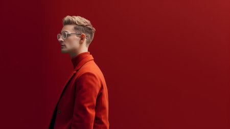 Displeased unshaven thoughtful guy keeps arms folded and looks away pensively being dissatisfied with something expresses his dicontent wears round glasses casual red jum : Generative AIの素材