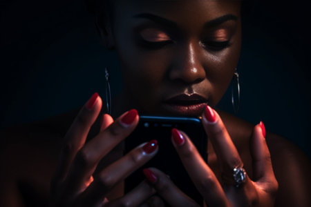 Distrubed dark skinned woman has problematic concerned face expression holds smartphone raises palm cannot understand whats wrong strange meaning of message shrugs should : Generative AIの素材