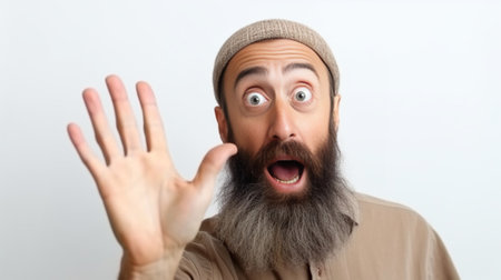 Close up shot of emotive shocked bearded young male opens mouth widely stare at camera points upwards aside at blank space says Wow its something unbelievable People and  : Generative AIの素材