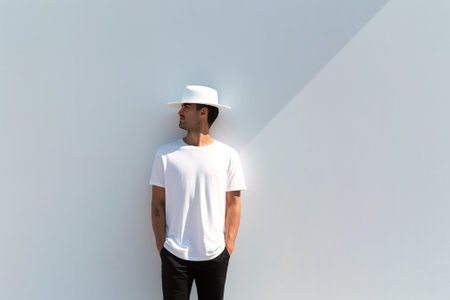 Adult male freelancer stands with modern electronic gadget looks on right side collects ideas from sticky notes creats article for blog wears casual white t shirt hat wit : Generative AIの素材