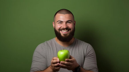 Beautiful bearded man hiker smiling happy eating an apple during break and showing thumbs up Portrait of happy man multiracial aucasian model : Generative AIの素材