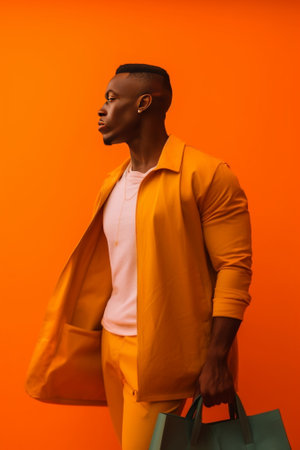 Displeased red man feels tired of picking up trash dressed in orange t shirt carries bags filled of trash cares of ecology isolated over purple background Earth Day and c : Generative AIの素材