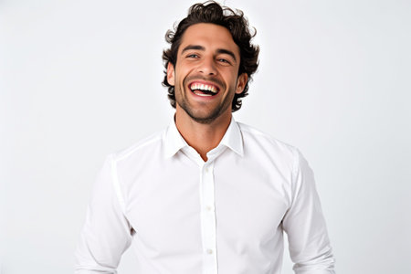 Happy young journalist has broad smile being in good mood has pleasant talk with people has curly dark hair dressed in formal fashionable shirt stands against white backg : Generative AIの素材