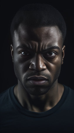 Headshot of grumpy unhappy young darkskinned male dressed casually frowning and looking at camera with grimace feeling angry or offended after having not been invited to  : Generative AIの素材