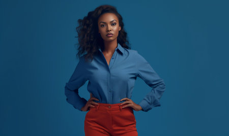 Clueless satisfied young female has Afro hair spreads hands with hesitation can not make choice between two nice products feels doubtful wears red loose clothes isolated  : Generative AIの素材