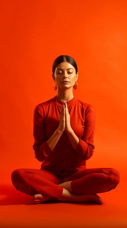 Full length shot of Asian woman poseson shoulders keeps legs raised up makes relaxing exercises dressed in casual clothes poses against vivid red background practices pil : Generative AIの素材