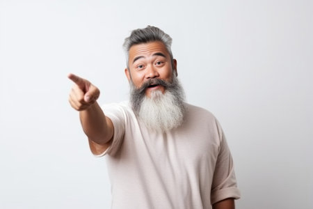 Frightened shocked bearded man has beard stares at camera with bated breath hears shocking news cant believe in them isolated over white concrete background People pensio : Generative AIの素材