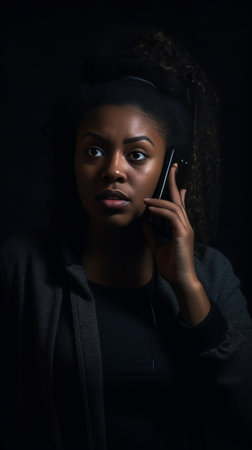 Headshot of sad darkskinned student girl talking on mobile phone to her mother disappointed because of failed exam at university listening attentively looking into distan : Generative AIの素材