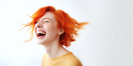 Happy cheerful young woman wearing her red hair in bun rejoicing at positive news or birthday gift looking at camera with joyful and charming smile Ginger student girl re : Generative AIの素材
