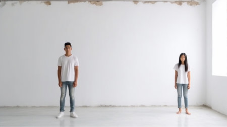 Emotive young female and male with amazed expressions indicate at camera with index fingers choose something have scared looks stand against white concrete wall People an : Generative AIの素材