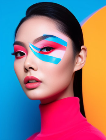 Photo of beautiful young Asian woman keeps hands on cheeks has colorful patterns on face creative makeup looks seriously at camera poses against pink studio wall Multicol : Generative AIの素材