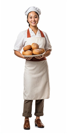 Indoor shot of smiling cooks stand back to each other hold rolling pins in hands prepare dough for baking isolated over white backround Beautiful housewife rejoice succes : Generative AIの素材