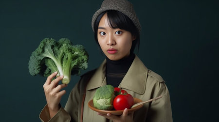 Healthy food and eating concept Positive lovely Asian lady holds green leek and bowl cooks vegetable soup keeps to diet makes hairstyle at same time returns from grocery  : Generative AIの素材