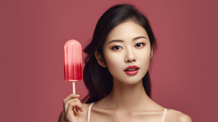 Lovely Asian woman with dark hair licks lips starves to eat ice cream likes sweet junk food dressed formally isolated on pink background Summer time concept Pretty female : Generative AIの素材